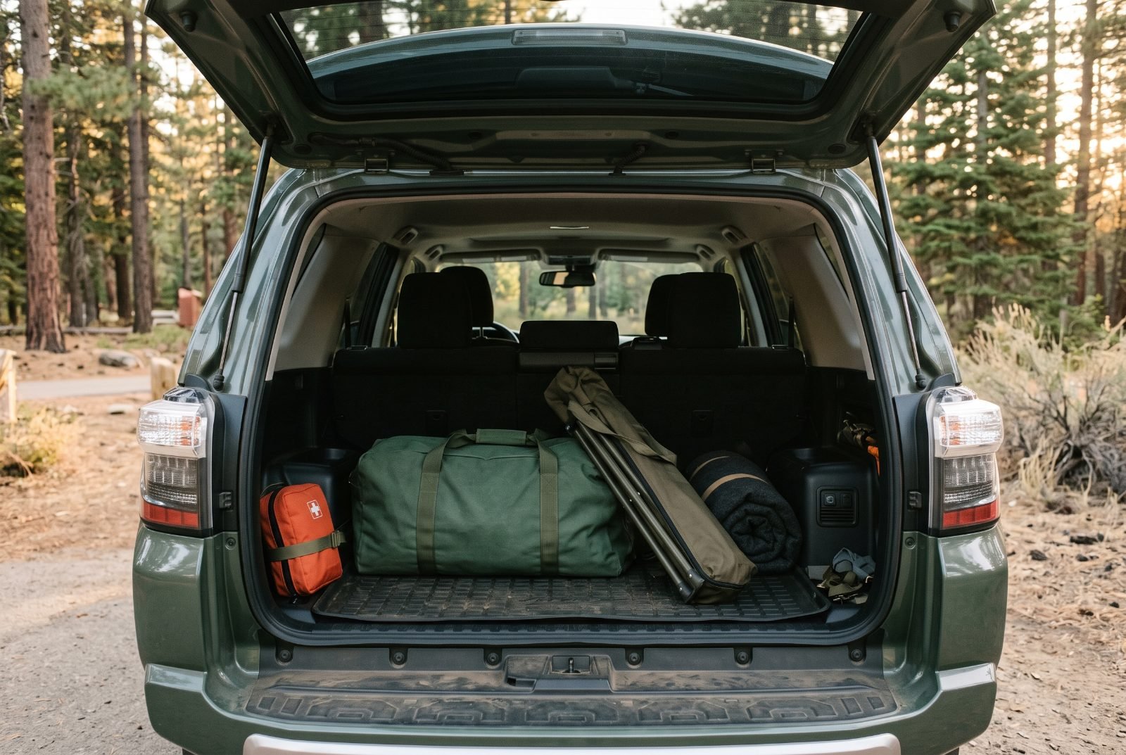 SUV cargo area at a trailhead with a first-aid trauma kit