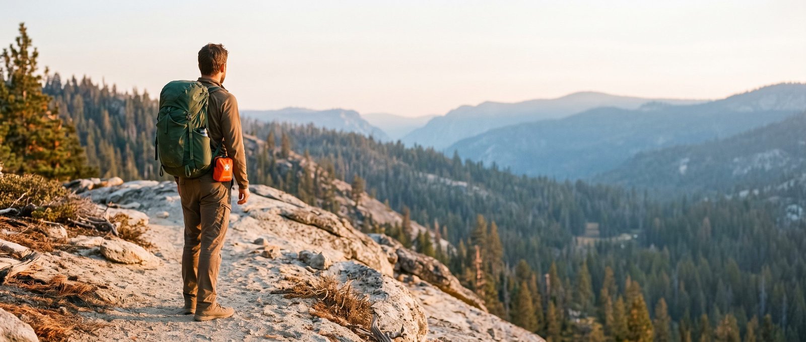 Hiker on a ridge trail at golden hour with a first-aid pouch on the hip belt