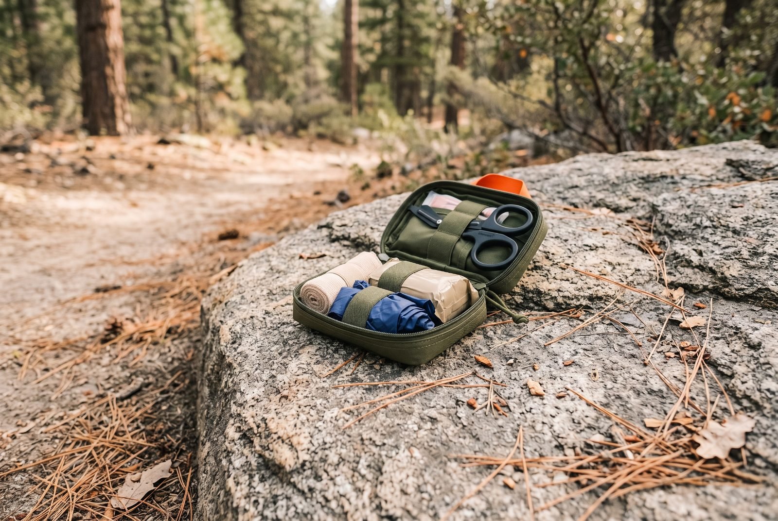 Open trauma first-aid kit on a granite rock beside a trail